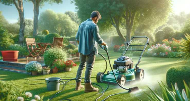 cleaning a lawn mower in garden