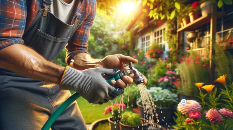 stopping-water-from-dripping-from-a-garden-hose-connector-in-a-lush-garden